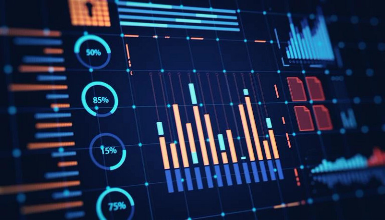 Financial data interface displaying graphs, bar charts, and circular diagrams on a futuristic digital background